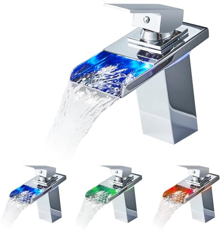 Robinet cascade LED, RVB 3 couleurs changeantes avec capteur de température, éclairage KEOKBON en acier inoxydable 304, mitigeur de lavabo chaud et froid, chromé, KOB6155C23