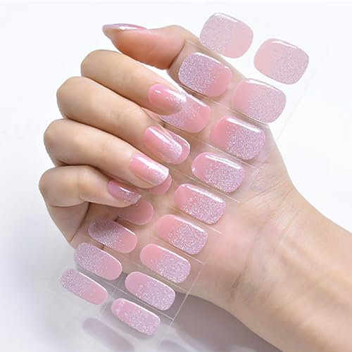 16PCS Semi Cured Gel Nails Gel Nail Stickers - Semi Cured Gel Nails Strips - Semi Cured Gel Nail Wraps - Glossy & Long Lasting Gel Nail Stickers Need UV Light (Pink Flash Style)
