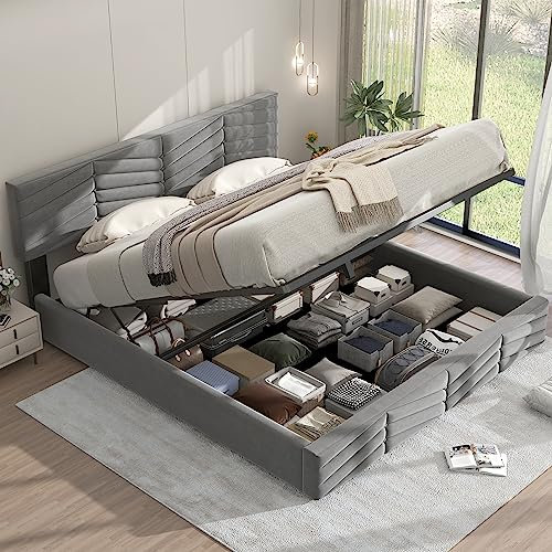 Ctastay Letto Imbottito Matrimoniale 160x200, Letto Funzionale Idraulico, Letto Contenitore con Testata Regolabile in Altezza, Testata e Doghe in Legno, Velluto, Grigio, senza Materasso