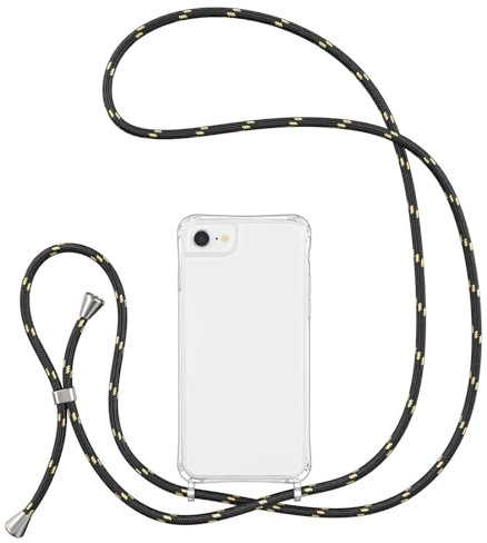 UEEBAI Crossbody Lanyard Clear case for iPhone SE 2022 5G/iPhone 7/8/iPhone SE2, Silicone Phone Cover with Adjustable Necklace Strap Soft Belt Neck Cord Lanyard Shockproof Protective Case - Black Gold