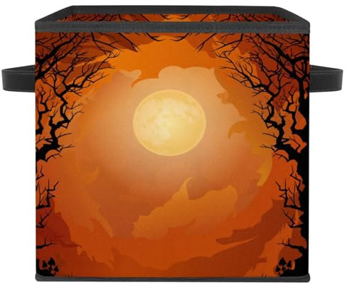 VAPOKF Boîte de rangement pliable en tissu cube avec poignées pour jouets, vêtements, livres, placard, chambre à coucher, maison - Forêt sombre avec soleil orange