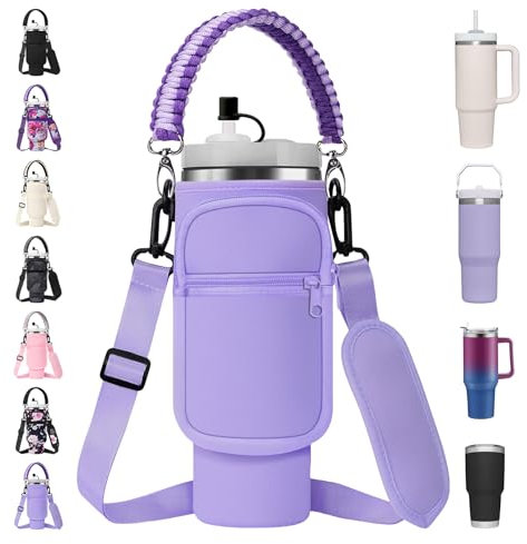 AceTreker Water Bottle Sleeve Bag for Stanley 30/40 oz Tumbler with Handle & 2 Pockets, Neoprene Metal Travel Coffee Mug Carrying Sling Accessories-Purple