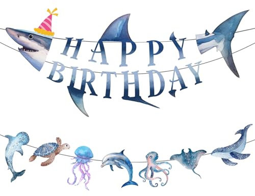 NATOSU Hai-Happy-Birthday-Banner-Set – Partyzubehör mit Meeresthema für Kinder und Jungen. Hai-Geburtstagsbanner und Meerestier-Banner. Strand, Unter dem Meer-Motto-Party-Dekorationen