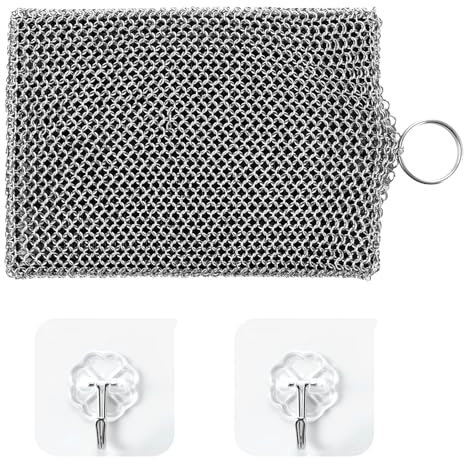 YAYODS Gusseisenreiniger aus 316 Edelstahl - 11x8x1,2CM Gusseisen-Kettenschrubber mit Feinem Ring Edelstahl Schwamm - Stahlschwamm Scheuerschwamm Ringreiniger für Woks, Grillpfannenoder, Teekanne Glas