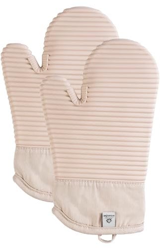 Beige Double Oven Gloves | Maximum Heat Resistant Protection | Double Oven Mitt Potholders With Silicone Non-slip Design | Machine Washable Thick Oven Glove Potholders Home & Kitchen