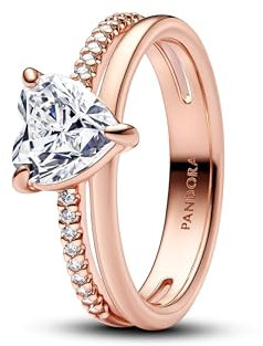 PANDORA Anello da donna doppia con cuore oro rosa 183100C01, 54/17,2, Argento sterling, Zirconia cubica