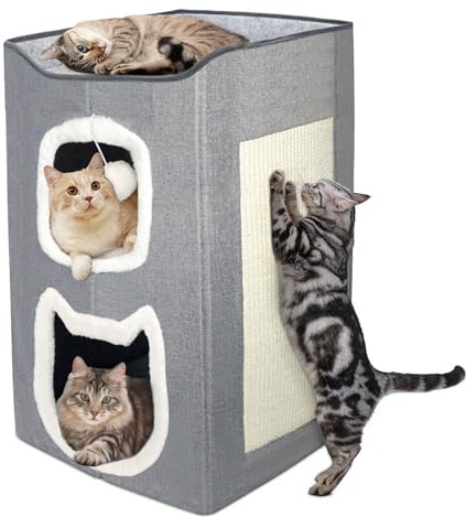 HIOVEL 2 Layer Cat House Beds for Indoor Cats with Scratch Pad and Fluffy Ball, Large Semi-Enclosed Cat Bed Igloo for Multi-Pet Kitten and Little Dogs, Grey