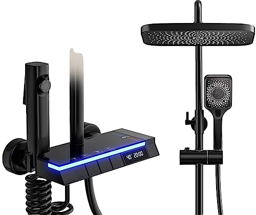 Sistema de ducha digital inteligente, cabezal de ducha de lluvia montado en la pared con temperatura constante y pantalla LED colorida (tamaño ajustable: 82-110 cm)