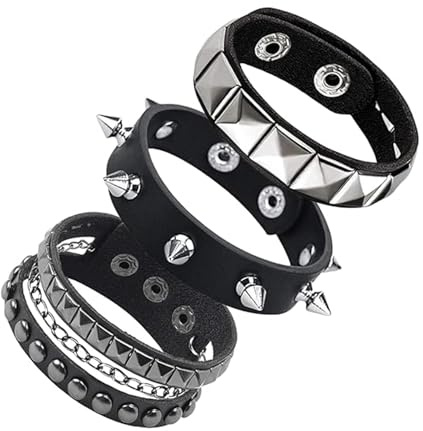 Sikweny Unisex Punk Besetztes Armband 3 Stück Nietenarmband | Punk Lederarmband Gothic Armreif Nieten Armband Verstellbare Rock Armbänder für Herren Damen