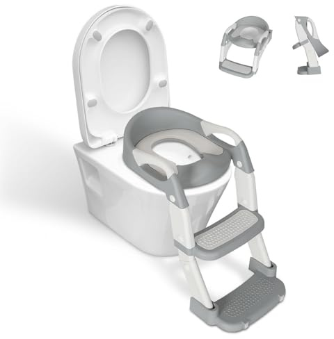 Peviasot Abattant WC avec escalier 2 en 1, marchepied pour enfants, réglable en hauteur et pliable, avec protection anti-éclaboussures, gris