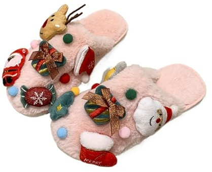 Goolecrimp Women's Cute Cartoon Christmas Pattern Decoration Plush Warm Slippers Autumn and Winter Indoor Warm Comfortable Non-slip Holiday Slippers (Pink,40-41)