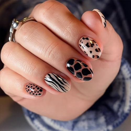 Short Oval Press-On False Nails, Mixed Animal Print, 24-Piece Nail Set | Glossy Full-Cover Designs in Black, Beige, Cream, Brown and Muted Pink, for Home Manicures and Social Occasions