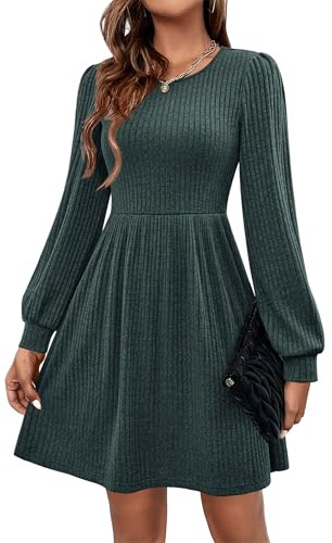 Hotouch Strickkleid Damen Langarm Kleid Rundhals Knielang Herbstkleid | A Linie Herbst Winter Kleider Winterkleid mit Taschen