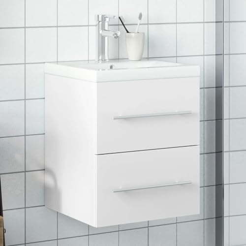 KTHLBRH Meuble de salle de bain avec lavabo intégré en céramique et robinet inclus, armoire de rangement avec 1 tiroir et montage mural pour espace supplémentaire, matériau robuste en bois