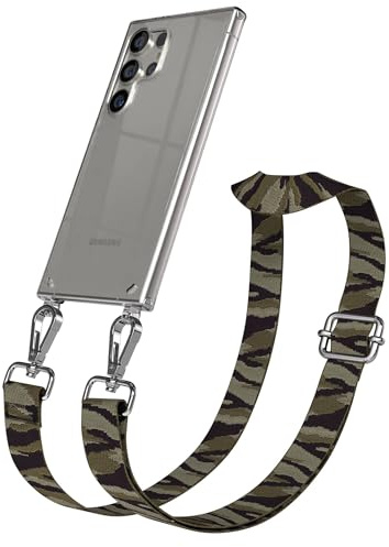 EAZY CASE Handykette - Verstellbares Taschenband kompatibel mit Galaxy S24 Ultra, Schulterriemen, Handykordel mit Silikon Hülle, Umhängetasche, Grün Camouflage Silber
