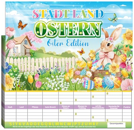 HOWAF 20 Blatt Stadt Land Oster Spiele, Oster Edition Stadt Land Ostern Spiele für Ostern Geschenke Osterdeko, Osterspiele Partyspiel Geschenk, DIN A4 Spielblock