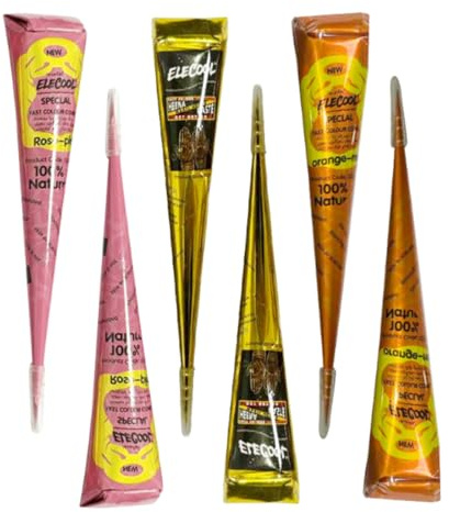 Henna-Tattoo-Set, 6 Henna-Sommersprossen-Pigmentkegel, mit 24 Vorlagen | Natürliches Pigment, Temporäre Tattoos, geeignet für Körperbemalung und temporäre Sommersprossen