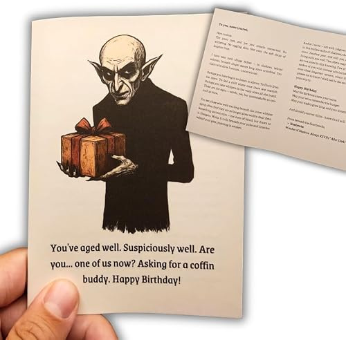 JustTheCardGuy Nosferatu Geburtstagskarte mit Text – Gothic Horror Karte – Vampir Geburtstagskarte mit Geschichte – Einzigartig für Horror Fans