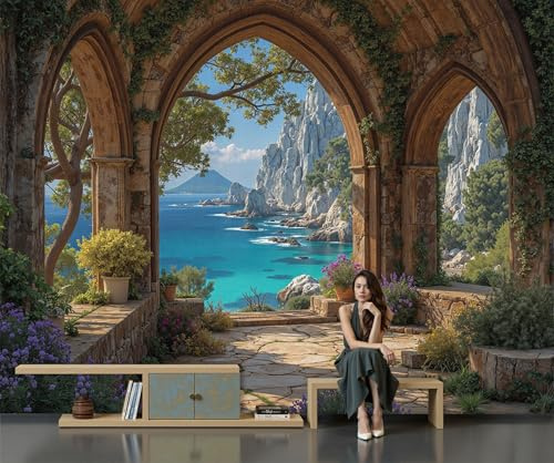 DACRWEKZ Papier Peint Panoramique Corridor de l'arche de pierre Océan 400x280cm Papier Peint Soie Mural, Poster Paysages naturels Mural 3D, pour Salon Chambre d'enfants restaurant Décoration Murale