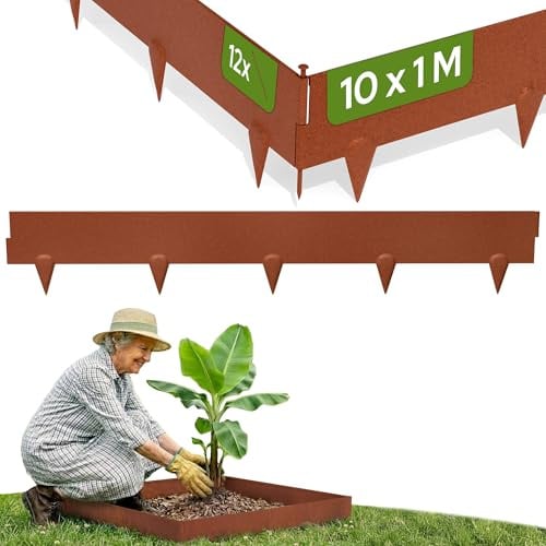 Arebos Cortenstahl Rasenkante 10m Set – Beeteinfassung & Mähkante Metall 10cm hoch, 1,5mm dick | Beetbegrenzung & Rasenbegrenzung Garten | Flexible Rasenkante | wetterfest
