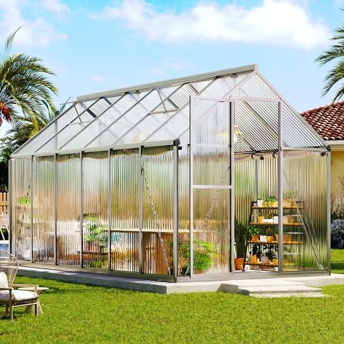 LUXOAK 181 × 363 × 195 cm, serra in alluminio con collegamenti a montaggio rapido, serra da giardino resistente alle intemperie, con 2 finestre sul tetto regolabili, telaio stabile, durevole, argento
