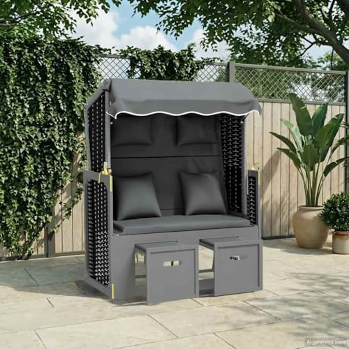 Tonture Strandkorb mit Kissen aus Poly Rattan und massivem Tannenholz Anthrazit Schwarz 115 x 55 x 156 cm verstellbar mit Sonnendach und gepolsterten Auflagen für Terrasse Balkon Garten Outdoor