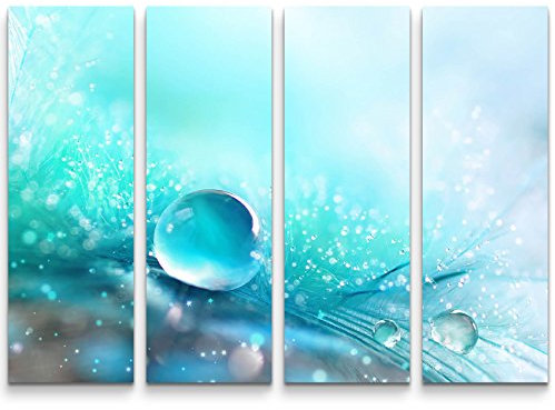 Paul Sinus Art Leinwandbilder | Bilder Leinwand 130x90cm 4 Teile Wassertropfen auf blauem Hintergrund