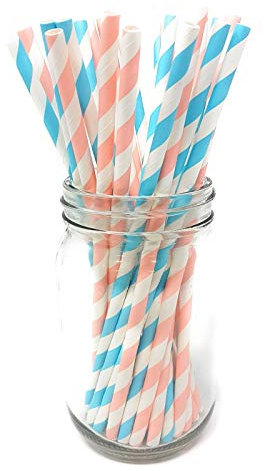Picture Perfect Party Premium Paper Straws [Pack of 25 Drinking Straws] (Pastel Pink/Blue Stripes Mixed)