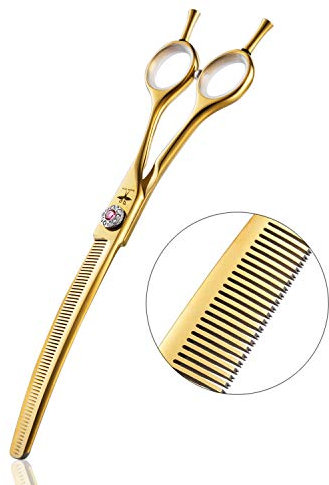 PURPLEBIRD Fellschere 6,5 Inch Gebogene Hundeschere Katzenschere Hunde Hundescheren zur Fellpflege für alle Hunde Katze Schneiden und Grooming Japanischer Edelstahl 440C Handarbeit Gelb