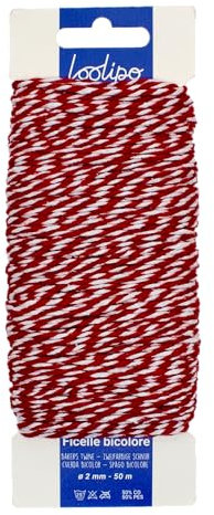 LOOLIPO - FICELLE BICOLORE EN COTON - ROUGE & BLANC - ø 1,1 mm - 50 m - Mercerie créative - Pelotes & fils - Loisir créatif - Activité manuelle - L799075