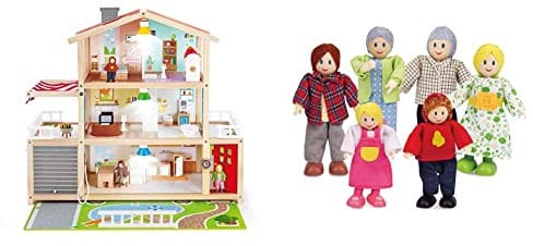 Hape E3405 - Puppen-Villa, Puppenhaus mit Zubehör, aus Holz & E3500 - Puppenfamilie, helle Haut