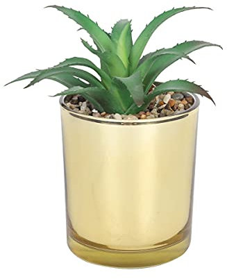 Sleepdown Halo Green Aloe Vera Leaf Gold Pot Artificial Faux Plant for Home Office Bathroom Decor Indoor Decoration Aesthetics, Small