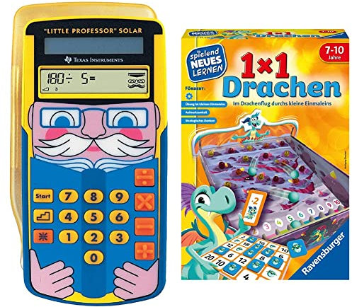 Texas Instruments Little Professor Rechentrainer gelb-blau & Ravensburger 24976-1x1 Drachen-Lernspiel, Rechenspiel für Kinder von 7-10 Jahren, für 2-4 Spieler, Zahlenraum 1-100, kleines Einmaleins