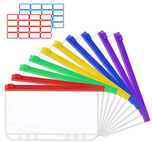 Vicloon 6 Löcher Binder, 10 Stück A6 Binder Taschen,mit 2 Aufkleber Beschriften, Reißverschluss Ordner, Transparente Budget Planner, für Dokumente Notizbücher Ringordner(5 Farben)