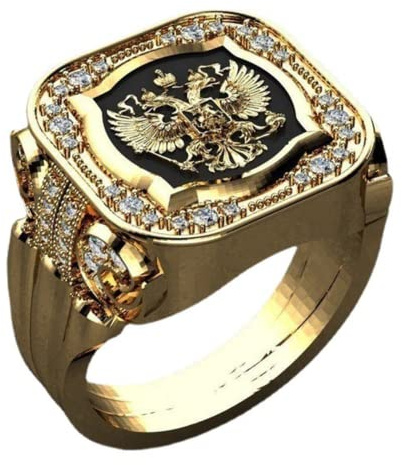QUSIIOSLK Luxuriöse 14 Karat vergoldete nationale Emblem-Ringe für Herren mit AAA-Zirkonia-Inlay, Vintage-Doppelkopf-Adler, russisches Abzeichen, Siegelring, personalisierbar, Schmuck, Geschenk, 12