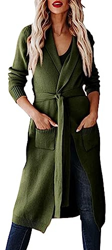 Damen Lange Strickjacke mit Gürtel V-Ausschnitt Langen Ärmel Lässig Bequem Cardigan Elegant Open Front Bequem Strick Mantel