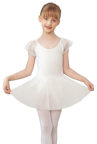 AOQUNFS Ballettkleider Mädchen Spitze Kurzarm Ballettkleidung Turnanzug Tanzkleid Ballettanzug Kinder Balletttrikot mit Tüllrock,118-Weiß, 11-12Jahre