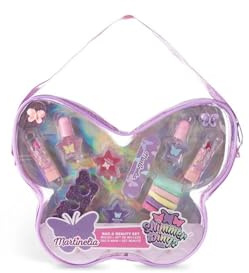 MARTINELIA Shimmer Wings Butterfly Bag - Kinder Schminkset in Schmetterlingstasche mit Glitzer Nagellack, Lipgloss, Haarschmuck und bunten Haargummis