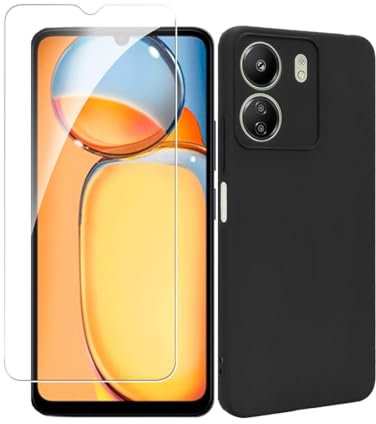 Bihizei Cover Compatibile con Xiaomi Redmi 13C/Poco C65+ 1 Vetro Temperato Protezione Schermo, Custodia in Morbida Silicone Liquido, Sottile e Antiurto con Rivestimento in Microfibra AntiGraffio,Nero