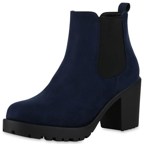 VAN HILL Damen Stiefeletten Chelsea Boots Profilsohle 70's Schuhe 611523 Marine Blau 38