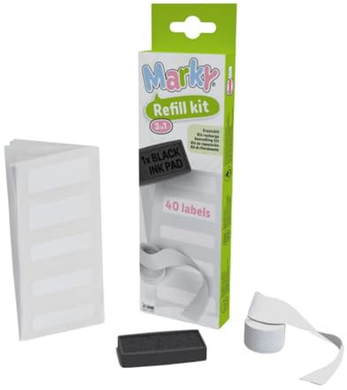 KIT MARKY - 3-in-1-Nachfüllset für personalisierten Kinderstempel | Stempelkissen, Thermoband und zusätzliche Etiketten | Erweitern Sie die Vielseitigkeit Ihres Kinderstempels Marky