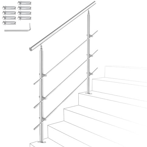 Eulenke Handlauf Edelstahl 100cm, Treppengeländer innen & außen, Handlauf Geländer mit 3 Querstreben Winkelverstellbar, für den Garten, Brüstung, Balkon, Treppen