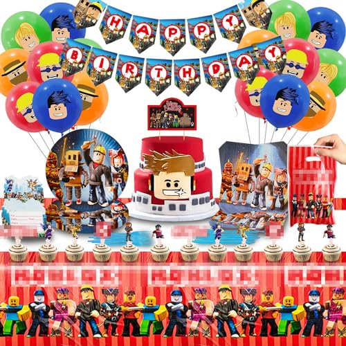 Geburtstag Partygeschirr 10 Gäste,113 Pcs Geburtstagsdeko,Party Decoration,Luftballons Geburtstag,Banner,Tischdecke,Pappteller,Geburtstag Tüte,Cake Topper,für Spielliebhaber Geburtstag Dekoration