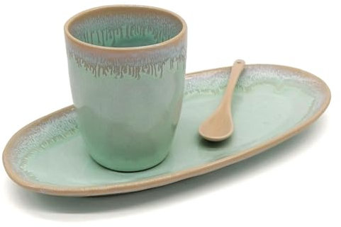Mea-Living STONEWARE Set L türkis, mit Becher, Teller und Löffel, handgemachtes Steingut, Kuchenteller, wunderschönes handmade Geschirr