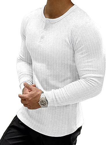 Muscle Cmdr Men's Ribbed Henley Shirt Slim Fit Muscle Shirt Fitted Cotton Long Sleeve Casual T-Shirt White/S