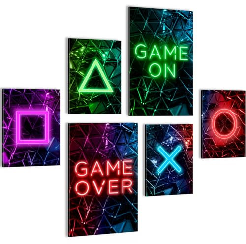 Novart Wandbilder Set Spielkonsole Gamer Schwarz Bunt - KEIN EXTRA RAHMEN BENÖTIGT - Modern Deko - Kinderzimmer Junge Teenager N002667a