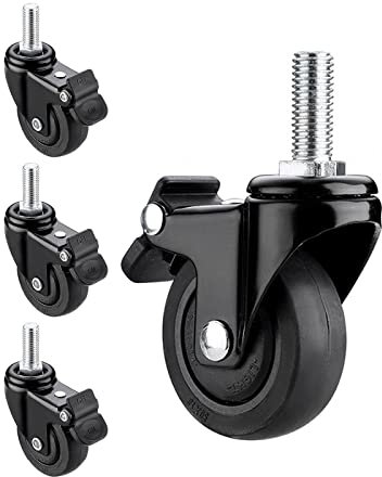 Ruote girevoli nere,Ruote girevoli con stelo filettato,Set di 4 ruote piroettanti in gomma per mobili,Con stelo con bloccaggio totale (diametro stelo 6/8/10 mm),M6-4freni