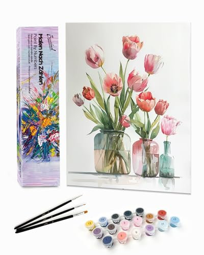 Bougimal Peinture par Numéro Adulte paysages avec Pinceaux et Acryliques Bricolage Peintures Kits, pour la Décoration Intérieure maison, Floral 5, 28x37cm(Sans Cadre)