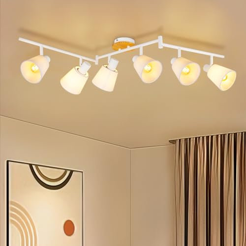Ketom Deckenlampe Weiß Holz, LED Deckenstrahler 6 Flammig E14 Rund, Stoff Strahler Deckenleuchte Schwenkbar, Modern Wohnzimmer Deckenspot für Küche, Schlafzimmer, Ohne Leuchtmittel