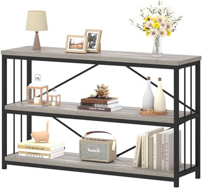 IBF 47 Gray 3 Tier Low Bookcase,Industrial Modern Short Horizontal Etagere Bookshelf, Simple Wide Open Rustic Metal and Wooden Book Shelf for Bedroom Living Room Home Office Storage, Light Grey Oak
